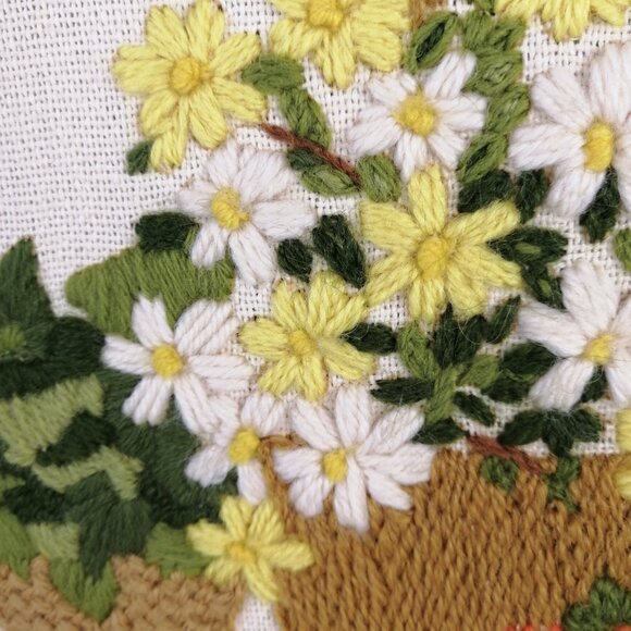 Vintage Finished Crewel Embroidery MCM 3D Fern Flowers Sunset 1975 16x20 Inches - Picture 7 of 11